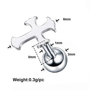 Silver stainless steel cross stud earring with size measurements and 6mm dimensions
