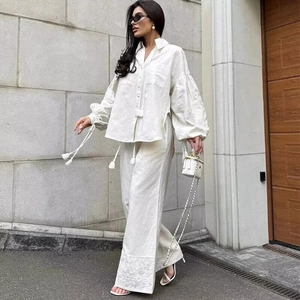 White Women Casual Embroidery Tassel Lantern Sleeve Loose Shirt And Wide Leg Pants Linen Blend Vacation Streetwear Style