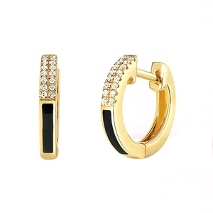 Fashionable gold hoop earrings with black heart enamel and micro-set zircon accents