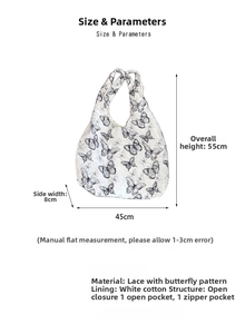 Detailed view of white lace butterfly tote bag showing dimensions and interior pocket layout