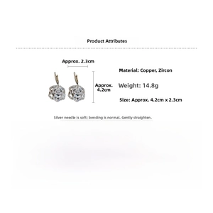 Silver flower earrings detailed with zircons showing dimensions of 4.2cm x 2.3cm