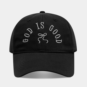 Black cotton baseball cap with God Is Good text and bow embroidery for a trendy look