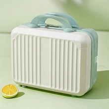 Detail of white 14-inch mini suitcase with mint green handle and wavy textured surface