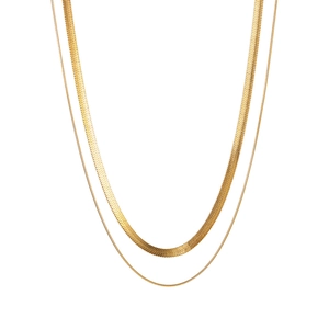 Collier double épaisseur en acier inoxydable doré 18 carats avec chaîne serpent plate