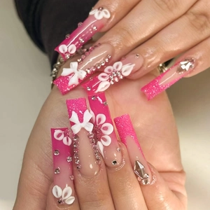 Press On Nails Long Coffin French Pink Gradient 3D Bow Flower Rhinestone Glitter Glossy Artificial Finger Nails Women