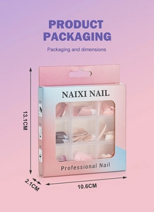 Detail of pink French press-on nail kit packaging with a transparent window display