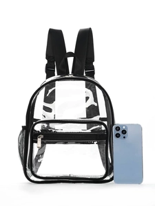 Transparent PVC mini backpack with black trim next to a smartphone for size scale
