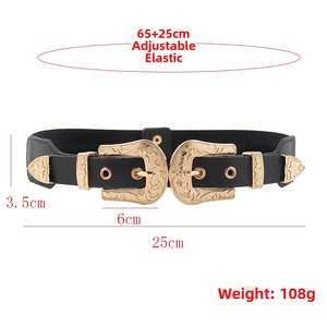 Detail of vintage carved gold double buckles on black elastic waist belt with dimensions