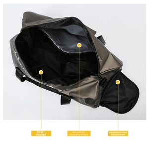 Detail view of gym bag with waterproof interior, wet-dry section, and separate shoe pocket