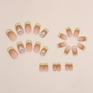French gradient yellow press-on nails with V-shape crystal rhinestones set of 24 pieces