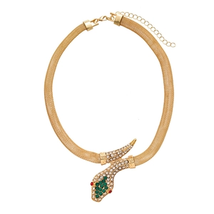 Golden mesh choker necklace featuring a sparkling crystal-encrusted snake head pendant