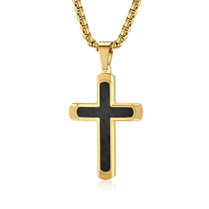 Minimalist gold stainless steel cross pendant with carbon fiber inlay on box chain necklace