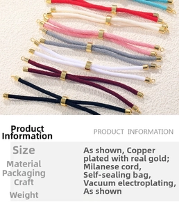 Detail of adjustable Milan cord bracelets with gold-plated copper charms in various colors