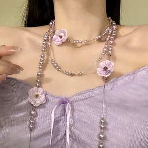Französisch Elegante Stoffblume Perlenkette Künstliche Perle Mehrlagige Mode Pulloverkette Für Damen Schmuck Geschenk
