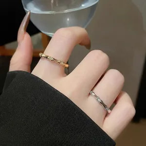 Bamboo Joint Texture Open Ring Copper With Zircon Inlay Adjustable Minimalist Fashion Jewelry For Women