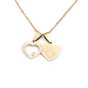 Gold interlocking heart pendant necklace in titanium steel with I Love You engraving