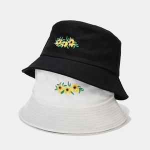 Chapeau Bob Broderie Tournesol Coton Toile Bord Large Protection Solaire Mignon Décontracté Femmes Filles