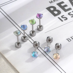 Titanium Steel Cartilage Stud Earrings Bicolor Gradient Cubic Zirconia Round Cut Screw Flat Back Piercing Jewelry