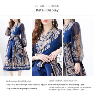 Detail view of V-neckline and waist tie on navy blue paisley print maxi dress