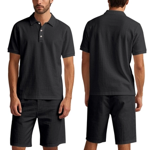 Men's black waffle texture linen polo shirt and shorts set front and back view