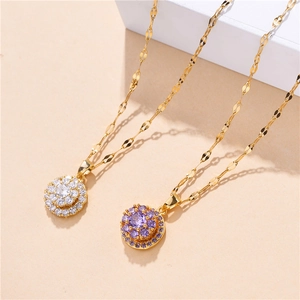 Rotating titanium steel necklace with zircon crystal pendant in gold finish