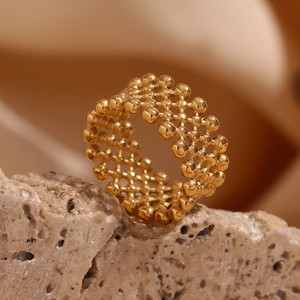 Detail of 18K gold-plated stainless steel ring with beaded mesh texture on stone