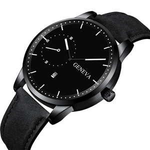 Minimalist all-black men's quartz watch with leather strap and date window