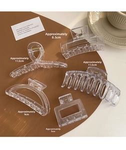 Detailed view of various sizes of transparent hair claws with metal spring mechanism