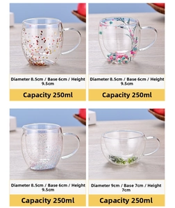 Detailed size specifications for 250ml double-walled glass cups with floral decoration