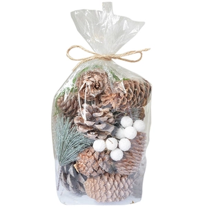 Pink pine cone and white floral Christmas decoration set in a clear gift bag with jute bow