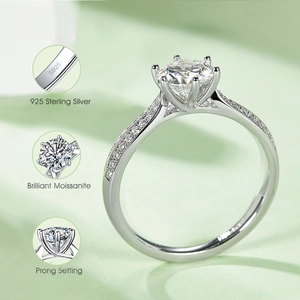 Detailed view of S925 sterling silver stamp and brilliant moissanite prong setting
