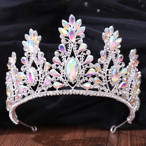 Elegant silver bridal crown with iridescent AB rhinestones and luxury baroque design