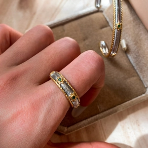Retro Open Ring Vintage Gold And Silver Dual Color Copper Green Gemstone Zircon French Palace Style Adjustable For Women