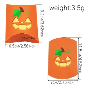 Halloween pumpkin pillow gift boxes in orange paper with dual size dimension markings