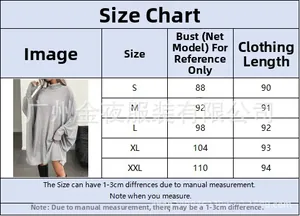 Detailed size chart for grey loose batwing sleeve dress with bust and length measurements