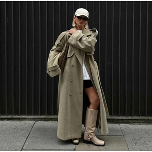Detailed view of olive woolen overcoat featuring double-breasted buttons and thick texture