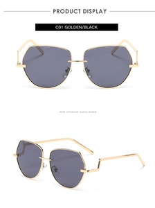 Detail showing golden metal aviator frame with unique letter F hinge design and dark grey lenses