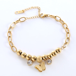 Butterfly Pendant Bracelet Stainless Steel Zirconia Frosted Polished Beads Adjustable Link Chain Fashion Jewelry Women