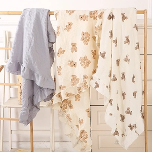 Muslin Cotton Baby Blanket Double Layer Gauze Swaddle Wrap Ruffle Trim Bear Rainbow Leopard Floral Stroller Cover Newborn Quilt
