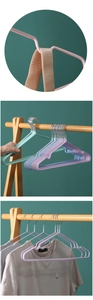 Detail of non-slip dip-coated metal hangers with shoulder notches in pastel colors