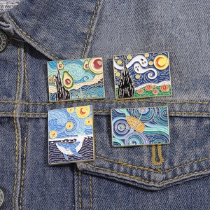 Creative Van Gogh style enamel pins set including avocado and pumpkin ghost on denim jacket