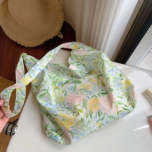 Floral cotton tote bag with vintage French pastoral print for women summer travel
