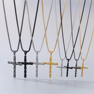 Set of stainless steel cross necklaces in silver, black, and gold on box chains