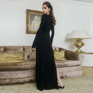 Elegant square neck long sleeve black slit dress for party and evening events