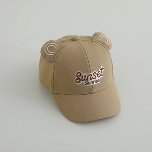 Detail of khaki toddler baseball cap with 3D ears and Sunset Sunrise embroidery