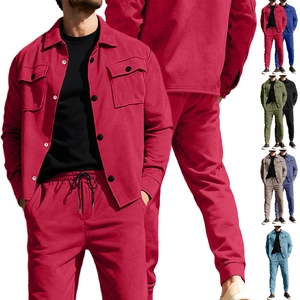 Detail of men's suede utility set featuring button-up jacket and drawstring joggers