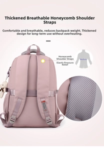 Detail of pink backpack featuring breathable honeycomb shoulder straps and back support