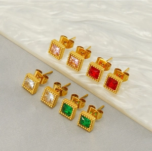 Detailed set of four gold-tone square zircon stud earrings in pink red white and green