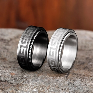 Punk style spinning rings with Greek fret patterns in black and silver stainless steel