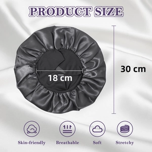 Detailed view of dark grey satin sleep cap showing dimensions 30cm diameter and 18cm opening